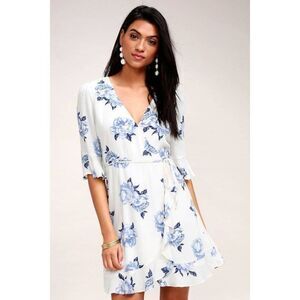 Lulus Pretty Peony Blue and White Floral Print Wrap Dress